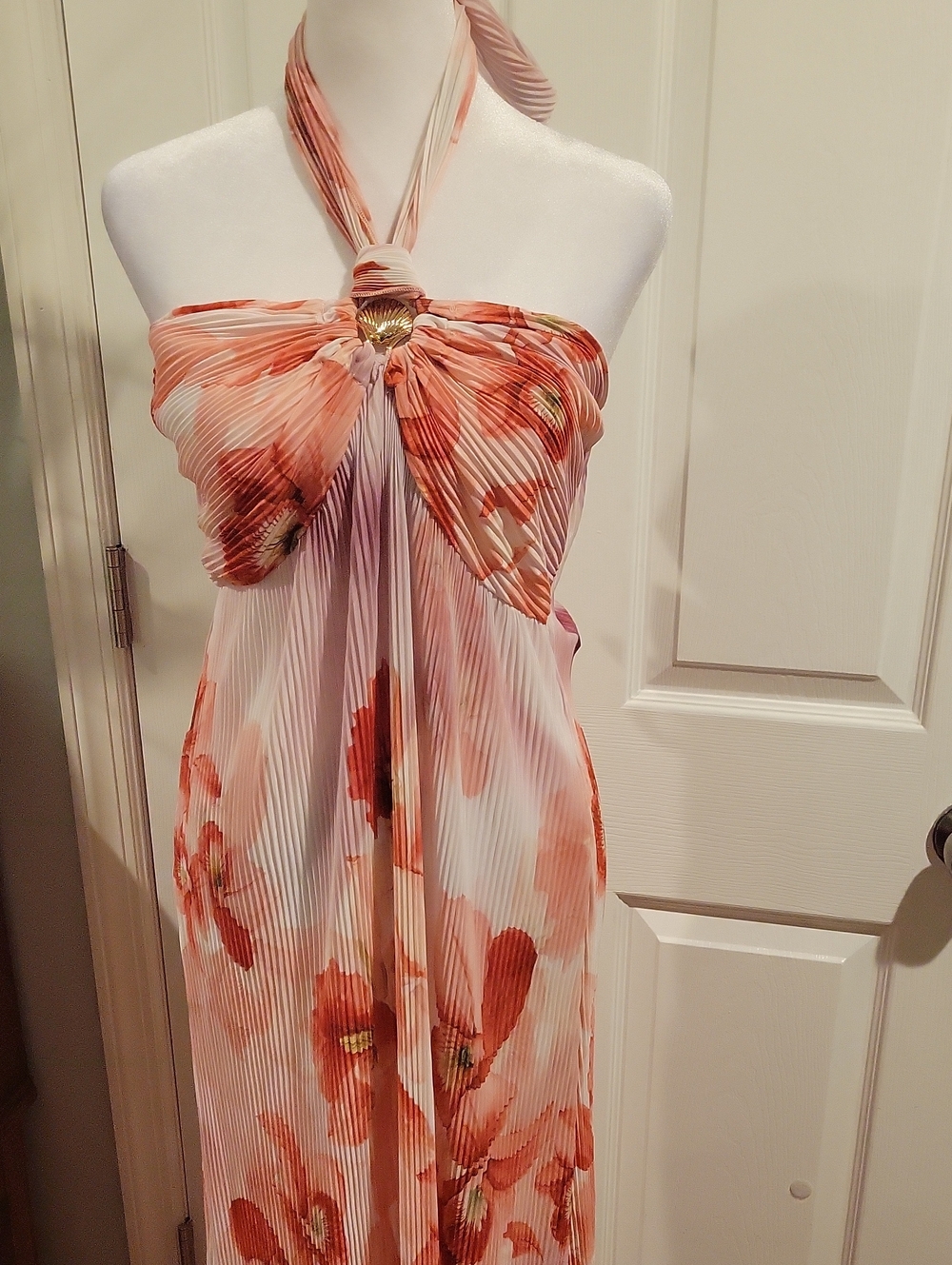 SHEIN Halter Neck Pleated Floral Maxi Dress - Pink/Coral